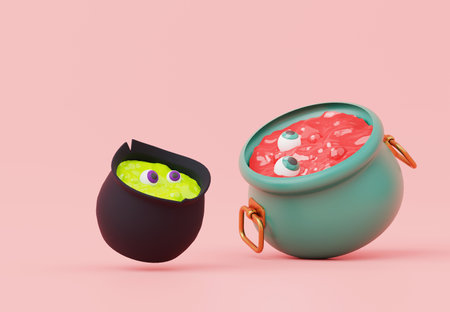 3d render, Halloween party elements decoration with witch cauldron for mixing potion magic on pastel background, trick or treat concept.の写真素材