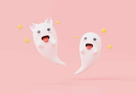 3d render, Halloween party elements decoration with minimal cute kitty ghost on pastel background, trick or treat concept.の写真素材