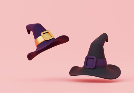 3d render, Halloween party elements decoration with black witch hat, witchcraft on pastel background, trick or treat concept.の写真素材