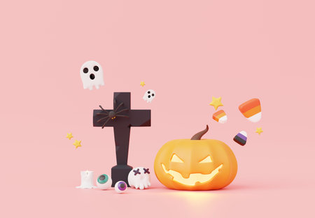 3d render, Halloween party elements decoration with glowing lantern orange pumpkins, tombstone, ghost and candy on pastel background, trick or treat concept.の写真素材