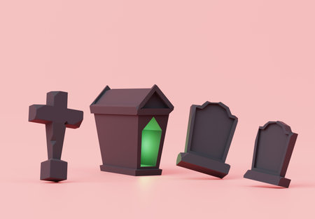 3d render, Halloween party elements decoration with black gravestone and tombstone on pastel background, trick or treat concept.の写真素材