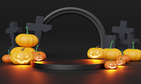 3d Render, Happy Halloween Day background with Podium stand product and night scene and cute spooky design. Halloween pumpkins, ghost, Witch's cauldron and Haunt House on Orange background.の写真素材