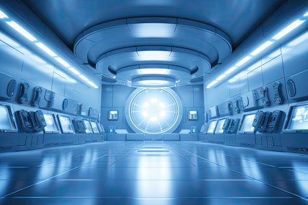 Technology abstract blue hi-tech stage display background, empty space scene, spaceship, dark night, virtual reality, futuristic Sci-fi tunnel background, studio for mock up with Generative Ai.の素材