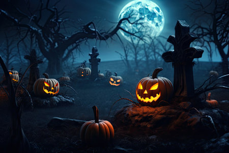 Halloween festive background for invitation card party with pumpkins Jack O lantern, spooky forest at night, bat, spiders and moon, Ghost day festival concept, with Generative Ai.の素材