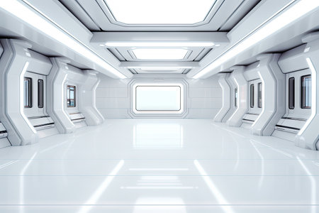 Technology abstract white modern hi-tech display background, empty space scene, spaceship, dark night, virtual reality, futuristic Sci-fi tunnel background, studio for mock up with Generative Ai.の素材