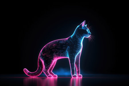 Portrait Abstract technology future cute little cat with cyber neon light effects on dark background, futuristic and cyberspace concept, glowing light on the kitten, with Generative Ai.の素材