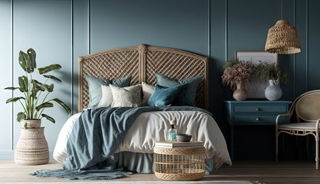 Boho minimal bedroom interior style with Home decoration mock up. Cozy beige tine stylish, furniture, comfortable bed, Modern design background with Generative AI.の素材