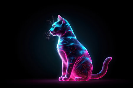 Portrait Abstract technology future cute little cat with cyber neon light effects on dark background, futuristic and cyberspace concept, glowing light on the kitten, with Generative Ai.の素材