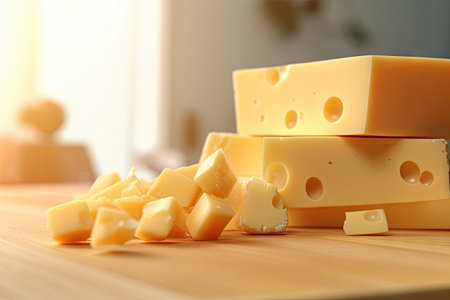 Various stack of cheese on wooden table and blurry natural light in the kitchen background, copy space for text, food and diet concept, with Generative Ai.の素材