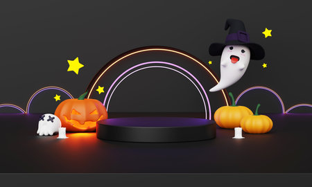3d Render, Happy Halloween Day background with Podium stand product and night scene and cute spooky design. Halloween pumpkins, ghost, Witch's cauldron and Haunt House on Orange background.の写真素材
