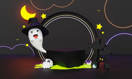 3d Render, Happy Halloween Day background with Podium stand product and night scene and cute spooky design. Halloween pumpkins, ghost, Witch's cauldron and Haunt House on Orange background.の写真素材