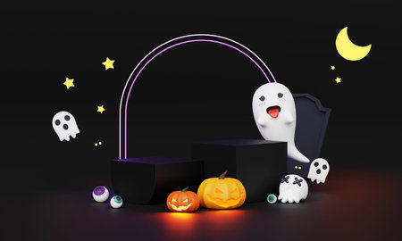 3d Render, Happy Halloween Day background with Podium stand product and night scene and cute spooky design. Halloween pumpkins, ghost, Witch's cauldron and Haunt House on Orange background.の写真素材
