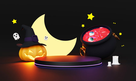 3d Render, Happy Halloween Day background with Podium stand product and night scene and cute spooky design. Halloween pumpkins, ghost, Witch's cauldron and Haunt House on Orange background.の写真素材