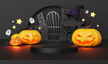 3d Render, Happy Halloween Day background with Podium stand product and night scene and cute spooky design. Halloween pumpkins, ghost, Witch's cauldron and Haunt House on Orange background.の写真素材