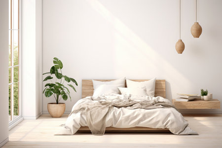 Boho minimal bedroom interior style with Home decoration mock up. Cozy beige tine stylish, furniture, comfortable bed, Modern design background with Generative AI.の素材