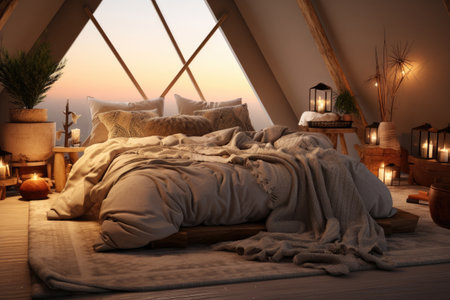 Boho minimal bedroom interior style with Home decoration mock up. Cozy beige tine stylish, furniture, comfortable bed, Modern design background with Generative AI.の素材