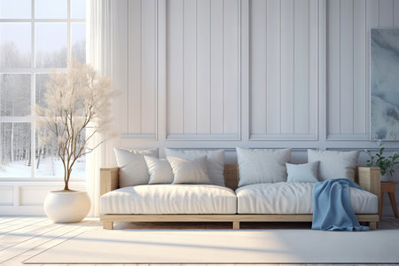 Cozy beige of modern interior living room design, decorate with luxury large sofa, vase and glass window with natural light cast and shadow, with Generative Aiの素材
