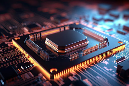 Central computer processors CPU on motherboard, technology background, chip on board, digital computer science with Generative Ai.の素材