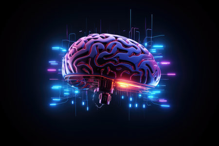 Digital AI electronic brain made from metallic with neon light, neural data storage machine, Artificial intelligence neural system , futuristic technology concept, with Generative Ai.の素材
