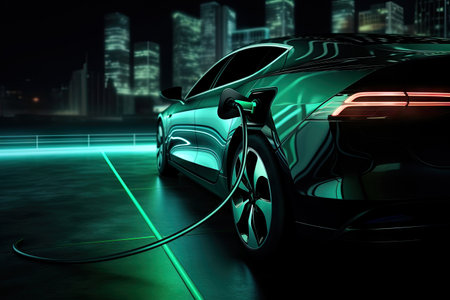EV Electric car charging battery at the station, Eco-Friendly for environment and natural, electric charging station, EV car clean energy sustainable, Greenery earth, with Generative Aiの素材