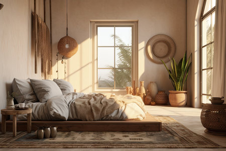 Boho minimal bedroom interior style with Home decoration mock up. Cozy beige tine stylish, furniture, comfortable bed, Modern design background with Generative AI.の素材