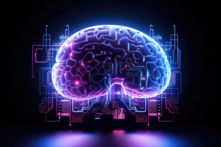 Digital AI electronic brain made from metallic with neon light, neural data storage machine, Artificial intelligence neural system , futuristic technology concept, with Generative Ai.の素材