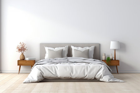Boho minimal bedroom interior style with Home decoration mock up. Cozy beige tine stylish, furniture, comfortable bed, Modern design background with Generative AI.の素材