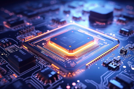 Central computer processors CPU on motherboard, technology background, chip on board, digital computer science with Generative Ai.の素材