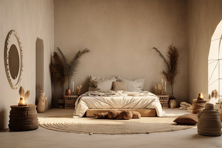 Boho minimal bedroom interior style with Home decoration mock up. Cozy beige tine stylish, furniture, comfortable bed, Modern design background with Generative AI.の素材