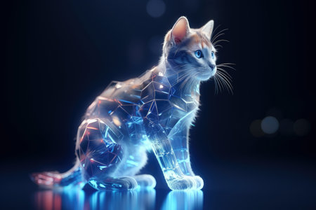 Portrait Abstract technology future cute little cat with cyber neon light effects on dark background, futuristic and cyberspace concept, glowing light on the kitten, with Generative Ai.の素材