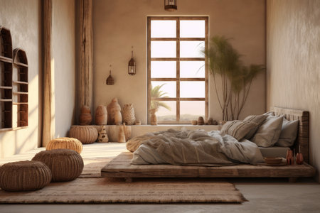 Boho minimal bedroom interior style with Home decoration mock up. Cozy beige tine stylish, furniture, comfortable bed, Modern design background with Generative AI.の素材