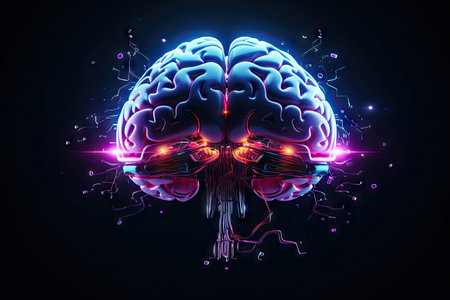 Digital AI electronic brain made from metallic with neon light, neural data storage machine, Artificial intelligence neural system , futuristic technology concept, with Generative Ai.の素材