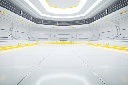 Technology abstract white modern hi-tech display background, empty space scene, spaceship, dark night, virtual reality, futuristic Sci-fi tunnel background, studio for mock up with Generative Ai.の素材