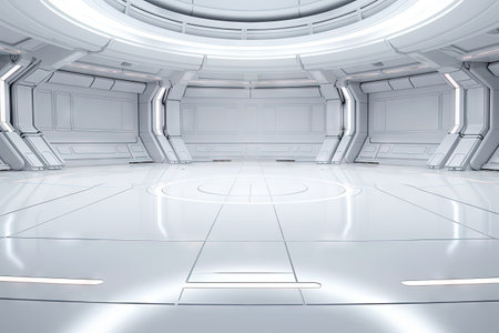 Technology abstract white modern hi-tech display background, empty space scene, spaceship, dark night, virtual reality, futuristic Sci-fi tunnel background, studio for mock up with Generative Ai.の素材
