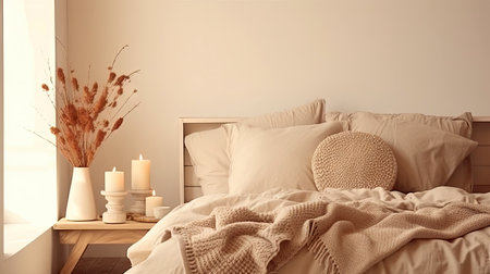 Boho minimal bedroom interior style with Home decoration mock up. Cozy beige tine stylish, furniture, comfortable bed, Modern design background with Generative AI.の素材