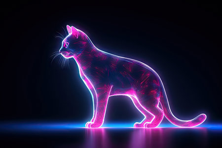 Portrait Abstract technology future cute little cat with cyber neon light effects on dark background, futuristic and cyberspace concept, glowing light on the kitten, with Generative Ai.の素材