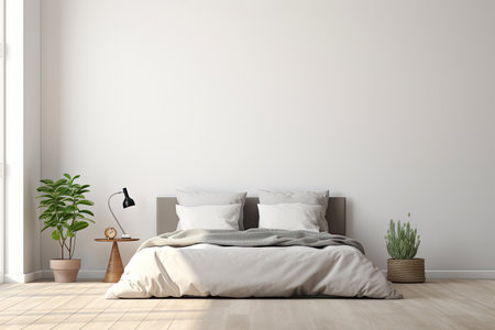 Boho minimal bedroom interior style with Home decoration mock up. Cozy beige tine stylish, furniture, comfortable bed, Modern design background with Generative AI.の素材