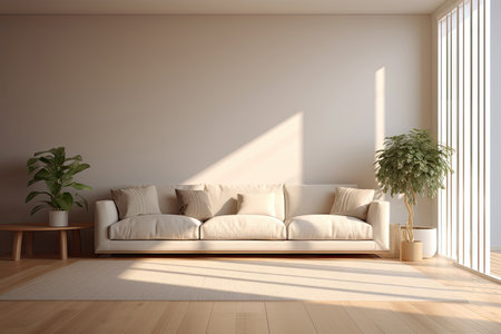 Cozy beige of modern interior living room design, decorate with luxury large sofa, vase and glass window with natural light cast and shadow, with Generative Aiの素材