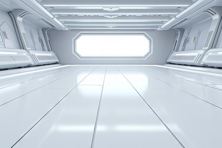 Technology abstract white modern hi-tech display background, empty space scene, spaceship, dark night, virtual reality, futuristic Sci-fi tunnel background, studio for mock up with Generative Ai.の素材