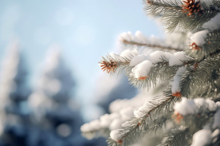 Winter season with snow caps covered branches of pine tree in Christmas festival, snowflake and bokeh glitter light background for mock up, Christmas eve new year background, with Generative Ai.の素材