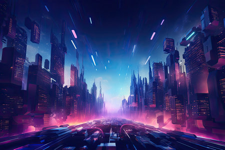 Virtual reality technology world background with VR or AR headset glasses, cyber space futuristic scene, playing virtual game world concept, digital science fiction, with Generative Ai.の素材