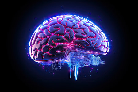 Digital AI electronic brain made from metallic with neon light, neural data storage machine, Artificial intelligence neural system , futuristic technology concept, with Generative Ai.の素材