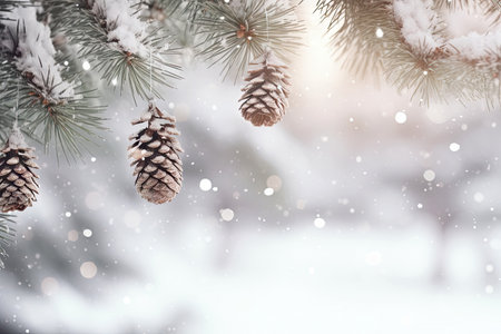 Winter season with snow caps covered branches of pine tree in Christmas festival, snowflake and bokeh glitter light background for mock up, Christmas eve new year background, with Generative Ai.の素材