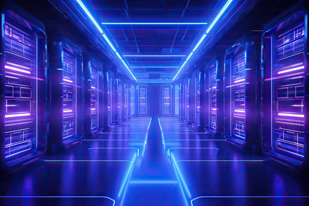 Data storage server warehouse room with neon light glowing trails, futuristic digital technology concept, data network and connection, internet for communication, with Generative Ai.の素材