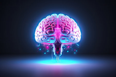 Digital AI electronic brain made from metallic with neon light, neural data storage machine, Artificial intelligence neural system , futuristic technology concept, with Generative Ai.の素材
