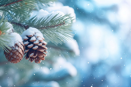 Winter season with snow caps covered branches of pine tree in Christmas festival, snowflake and bokeh glitter light background for mock up, Christmas eve new year background, with Generative Ai.の素材