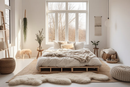 Boho minimal bedroom interior style with Home decoration mock up. Cozy beige tine stylish, furniture, comfortable bed, Modern design background with Generative AI.の素材