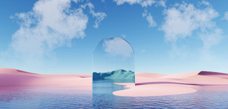 3d render Surreal pastel landscape background with geometric shapes, abstract fantastic desert dune in seasoning landscape with arches, panoramic, futuristic scene with copy space, blue sky and cloudyの写真素材