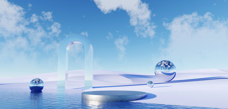 3d render Surreal pastel landscape background with geometric shapes, abstract fantastic desert dune in seasoning landscape with arches, panoramic, futuristic scene with copy space, blue sky and cloudyの写真素材