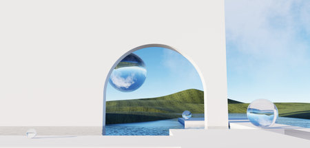 3d render Surreal pastel landscape background with geometric shapes, abstract fantastic desert dune in seasoning landscape with arches, panoramic, futuristic scene with copy space, blue sky and cloudyの写真素材